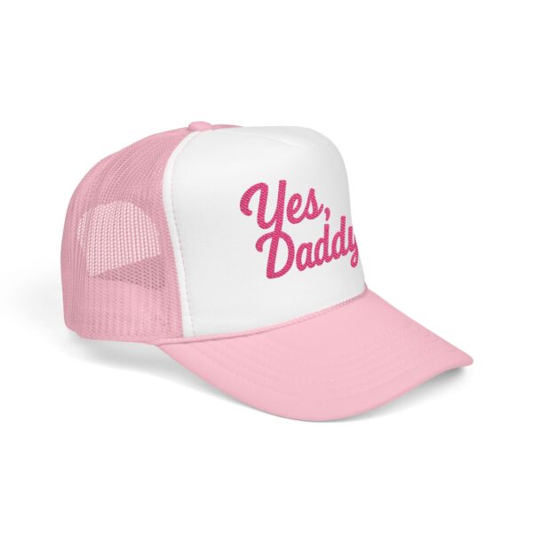 Travel Daddy ‘Yes, Daddy’ Pink Embroidered Trucker Hat (Snapback) - Image 6
