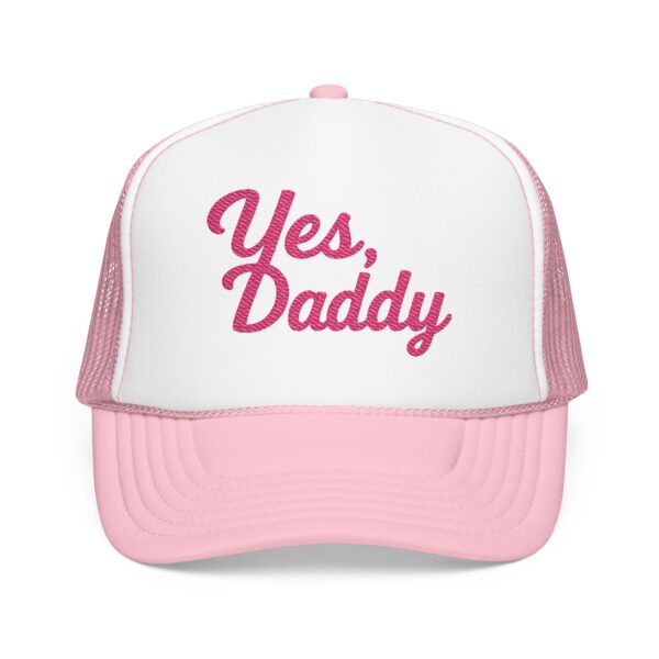 Travel Daddy ‘Yes, Daddy’ Pink Embroidered Trucker Hat (Snapback) - Image 3