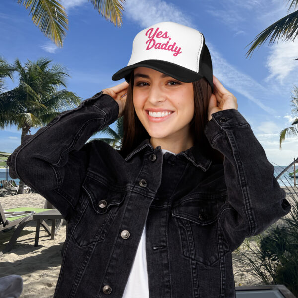 Travel Daddy ‘Yes, Daddy’ Pink Embroidered Trucker Hat (Snapback) - Image 2