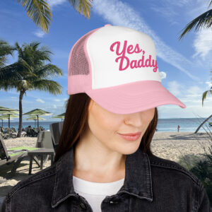 Travel Daddy ‘Yes, Daddy’ Pink Embroidered Trucker Hat (Snapback)